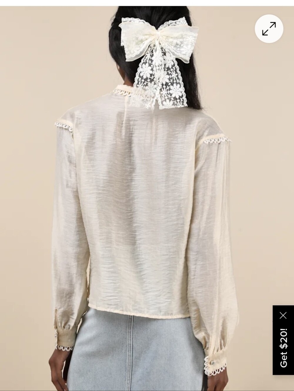 Lulu's Lace-Trim Bow Tie Button Front Blouse - Cream - Picture 3 of 10